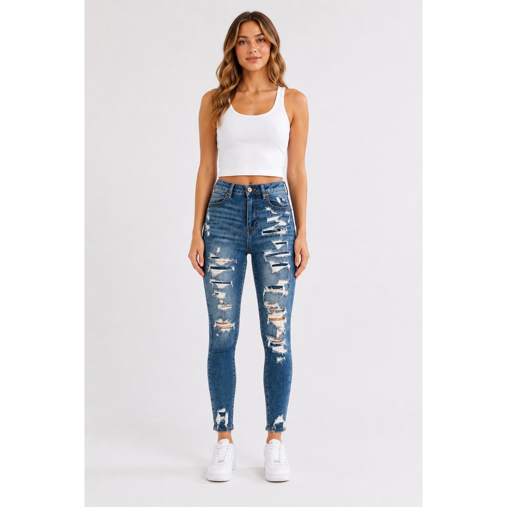 American Eagle Curvy Hi-Rise Jegging 8 Medium Blue Ripped Distressed Jeans‎